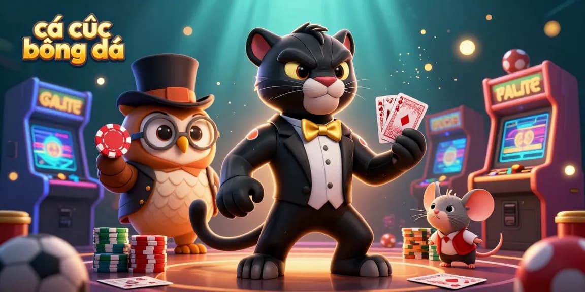 Engaging 3D illustration of cá cược bóng đá scene with panther dealer, owl and mouse, showcasing vibrant sports betting elements.