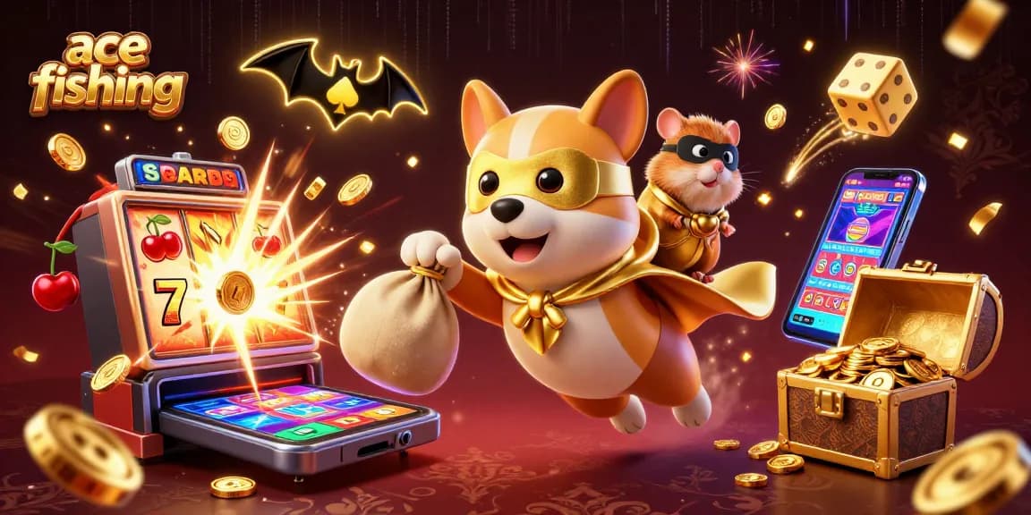 Ace fishing game with a superhero dog and colorful casino elements, showcasing fun gaming dynamics.
