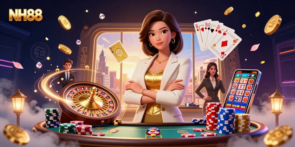 Experience thrilling gaming moments at NH88, featuring dynamic casino elements in a vibrant scene.