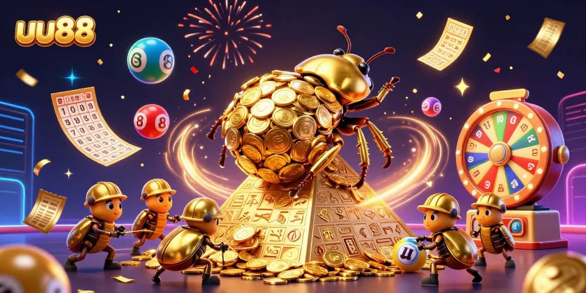 Experience thrilling fun with uu88 as golden beetles roll a jackpot of coins in vibrant casino imagery.