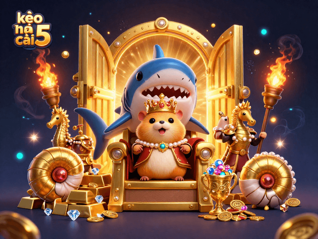 Experience thrilling wins with kèo nhà cái 5, featuring a majestic golden hamster king amidst treasure and gambling excitement.