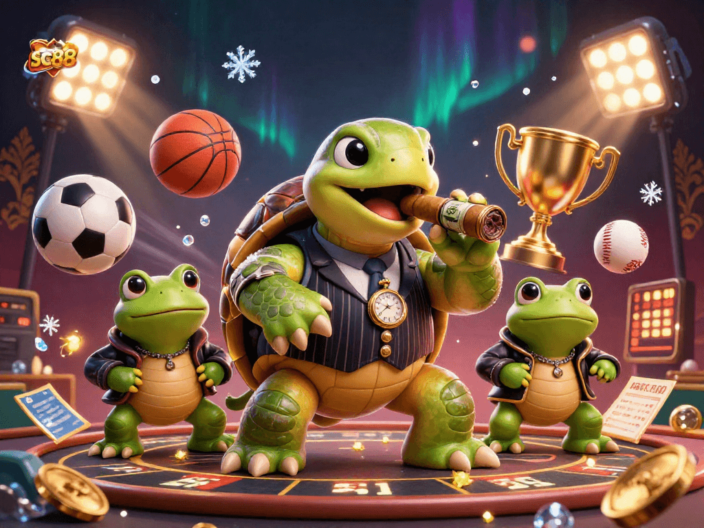sc88 promotes winning strategies with a 3D cartoon turtle and enforcers on a vibrant casino floor