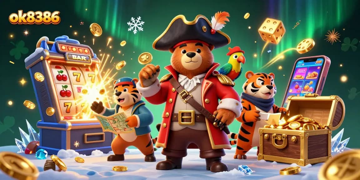 Spin jackpots with ok8386's thrilling scene featuring a pirate bear, tiger, and treasure.
