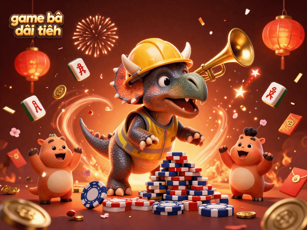 Engage in game bài đổi thưởng with a thrilling celebration scene of cartoon dinosaurs and casino elements.