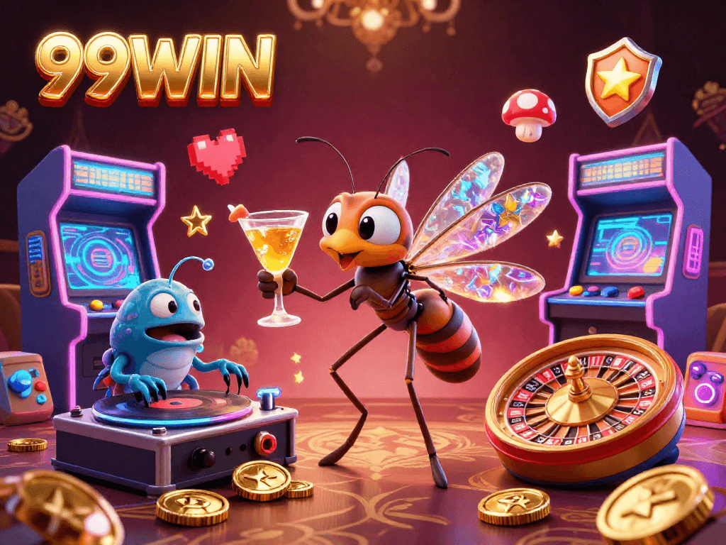 Experience the vibrant casino fantasy at 99WIN with an animated mosquito mascot and DJ on dynamic gaming elements.