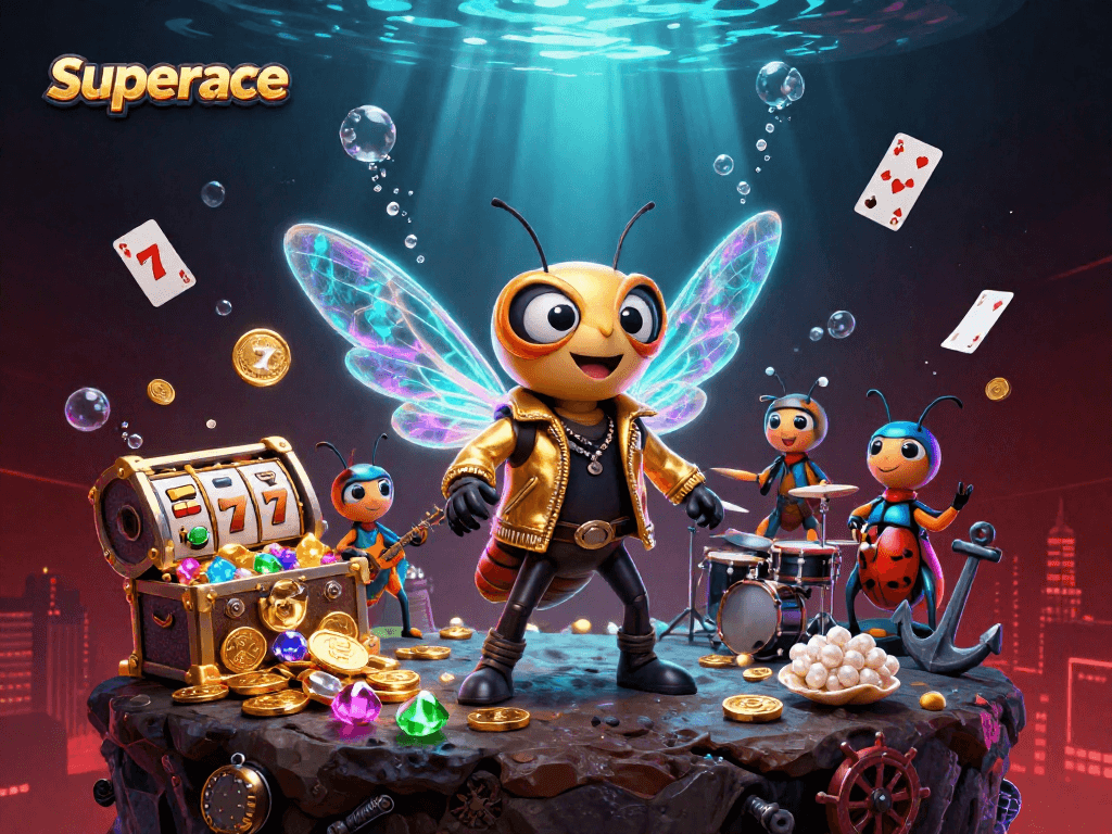 Engage with superace slot gameplay featuring a lively rock star scene and winning symbols.