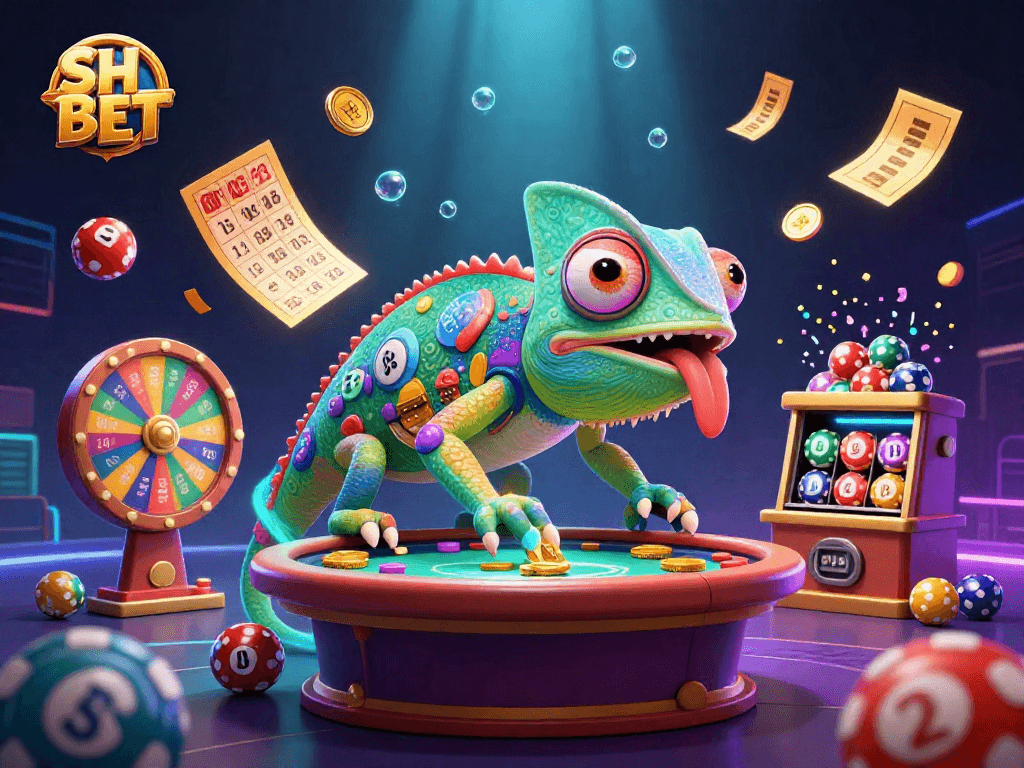 Engage with SH BET’s vibrant casino world represented by colorful lottery balls and a dynamic chameleon character.