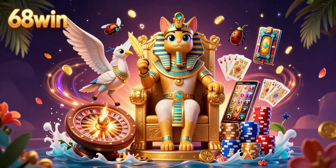 Spin the reels with 68win's vibrant casino experience featuring golden coins, gems, and lively game elements.