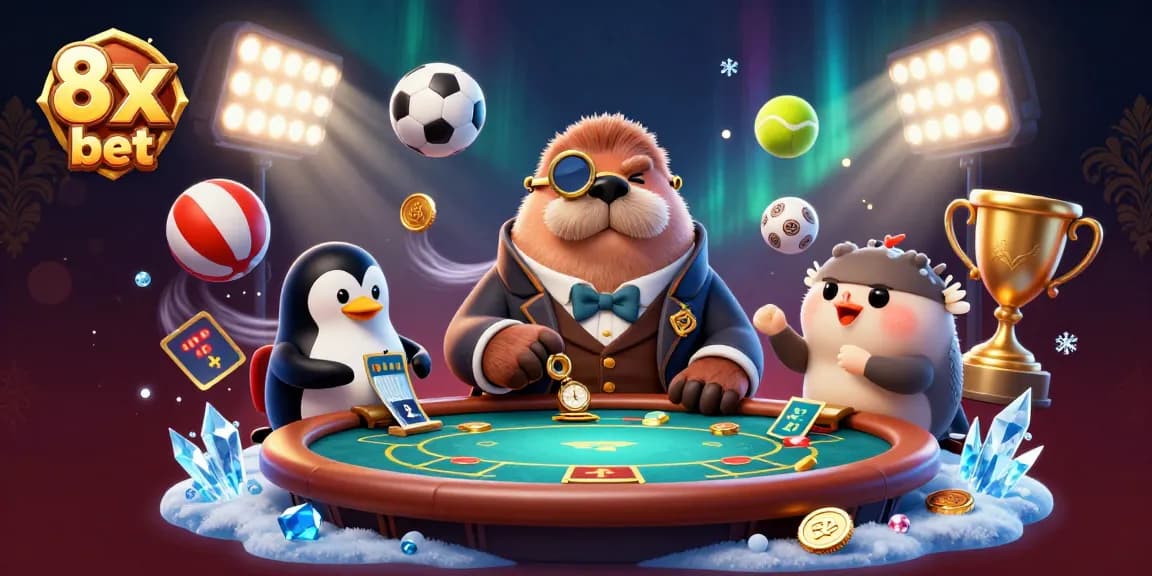 Experience the thrill of 8x bet with a playful walrus and friends at an underwater poker table.