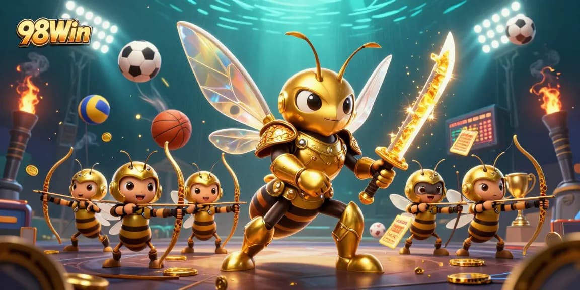 Experience the excitement of 98Win with vibrant casino action, featuring unique character designs and dynamic sports themes.