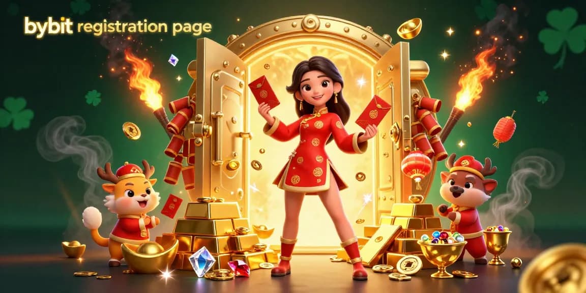 Engage with the bybit registration page, featuring festive characters and dynamic casino elements.