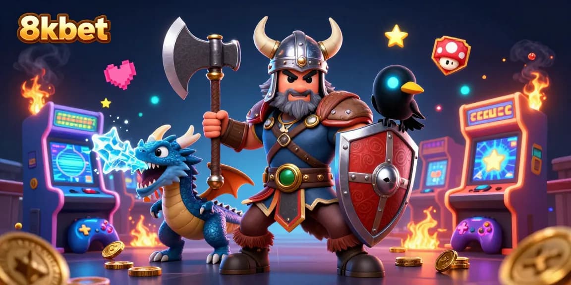 Bet on exciting games with 8xbet featuring a Viking wolf warrior, dragon, and glowing arcade machines.