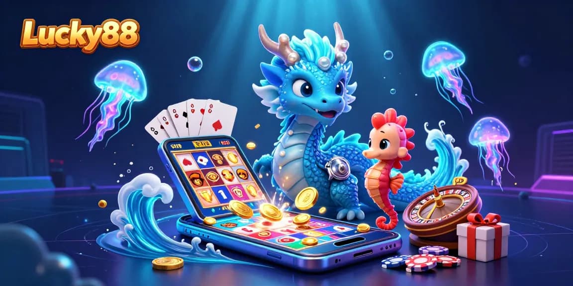 Experience thrilling gameplay with Lucky88 featuring a 3D water dragon, vibrant slot games, and neon jellyfish.