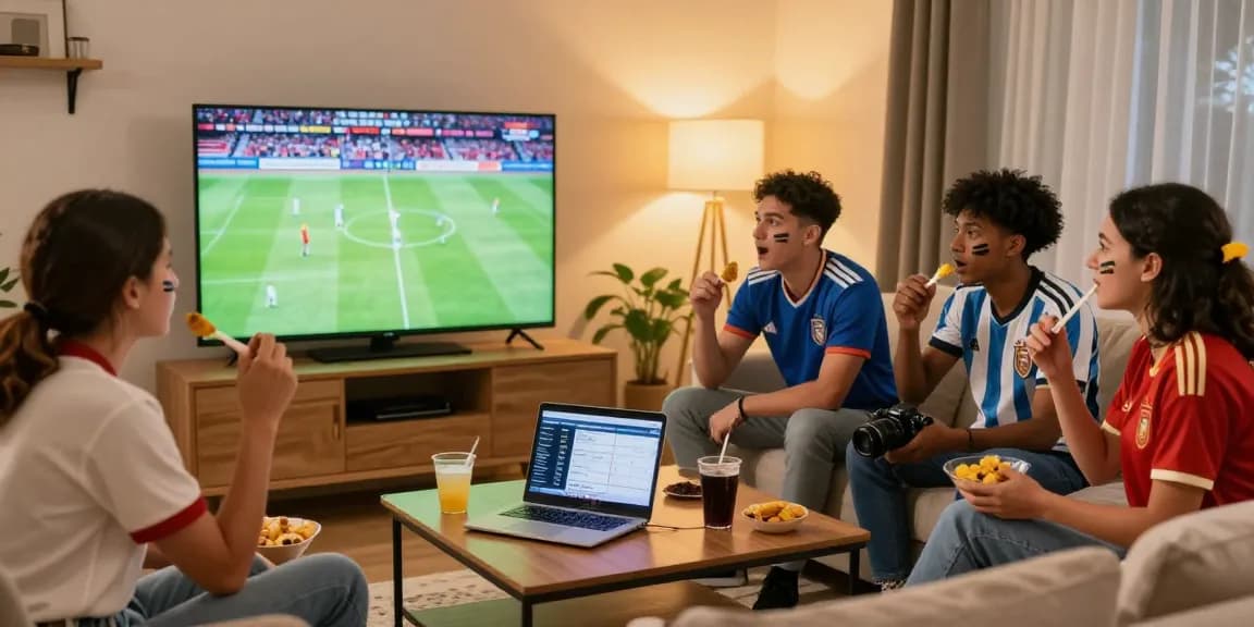Soccer fans engaging with Bongdata analytics while watching the World Cup match live.