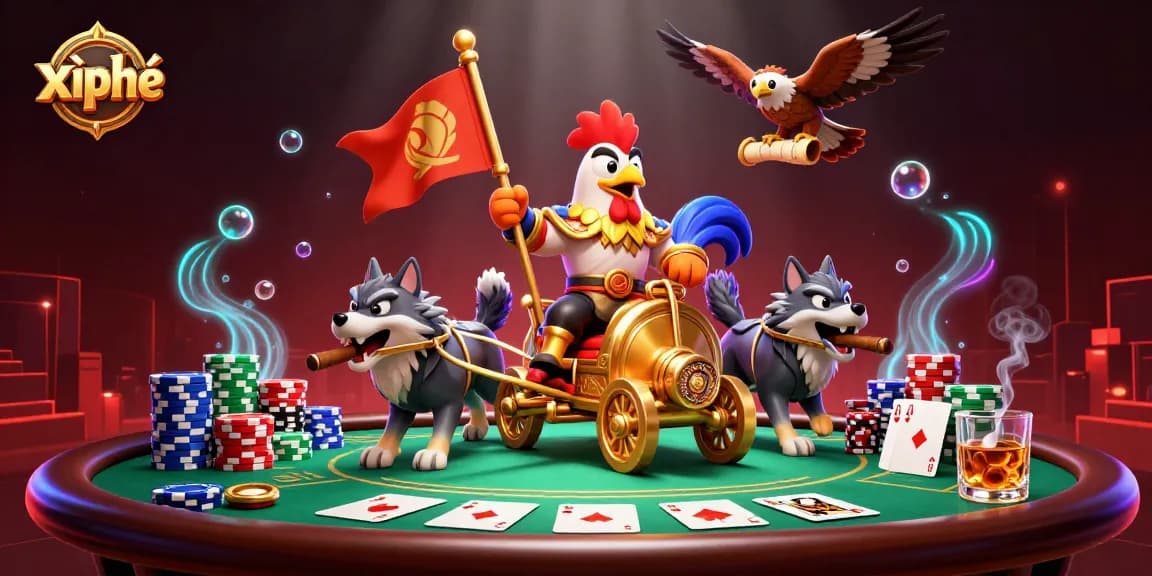 Engage in xì phé action with a cartoon warlord and poker elements in a vibrant casino setting.