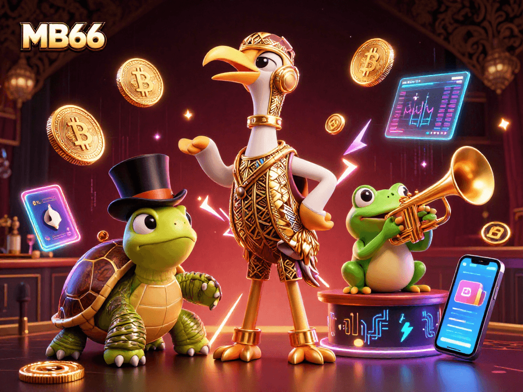Win big at MB66 with lively characters and crypto elements in a vibrant casino scene.