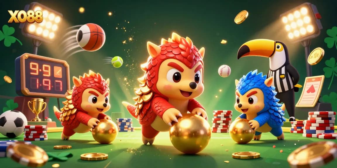 Experience thrilling gaming action at XO88 with vibrant pangolins battling through poker chips.