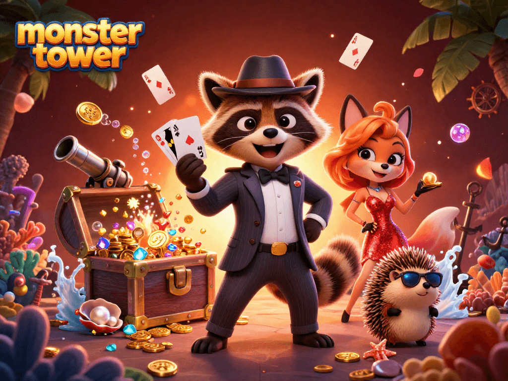 Master the monster tower with a suave raccoon, a glamorous fox, and a hedgehog bouncer in a vibrant casino scene.