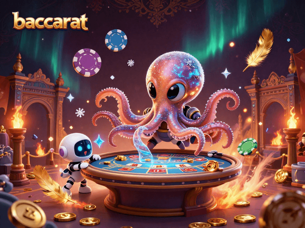 Baccarat gaming scene with an alien octopus and robot amid dynamic cosmic elements.