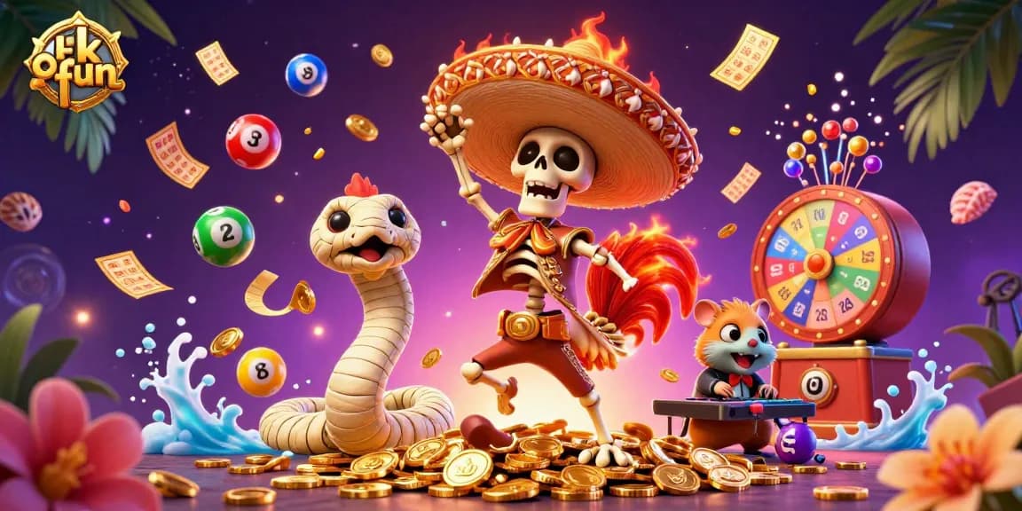 Experience thrilling wins at okfun with a lively 3D casino illustration showcasing a victory dance amidst vibrant gaming elements.