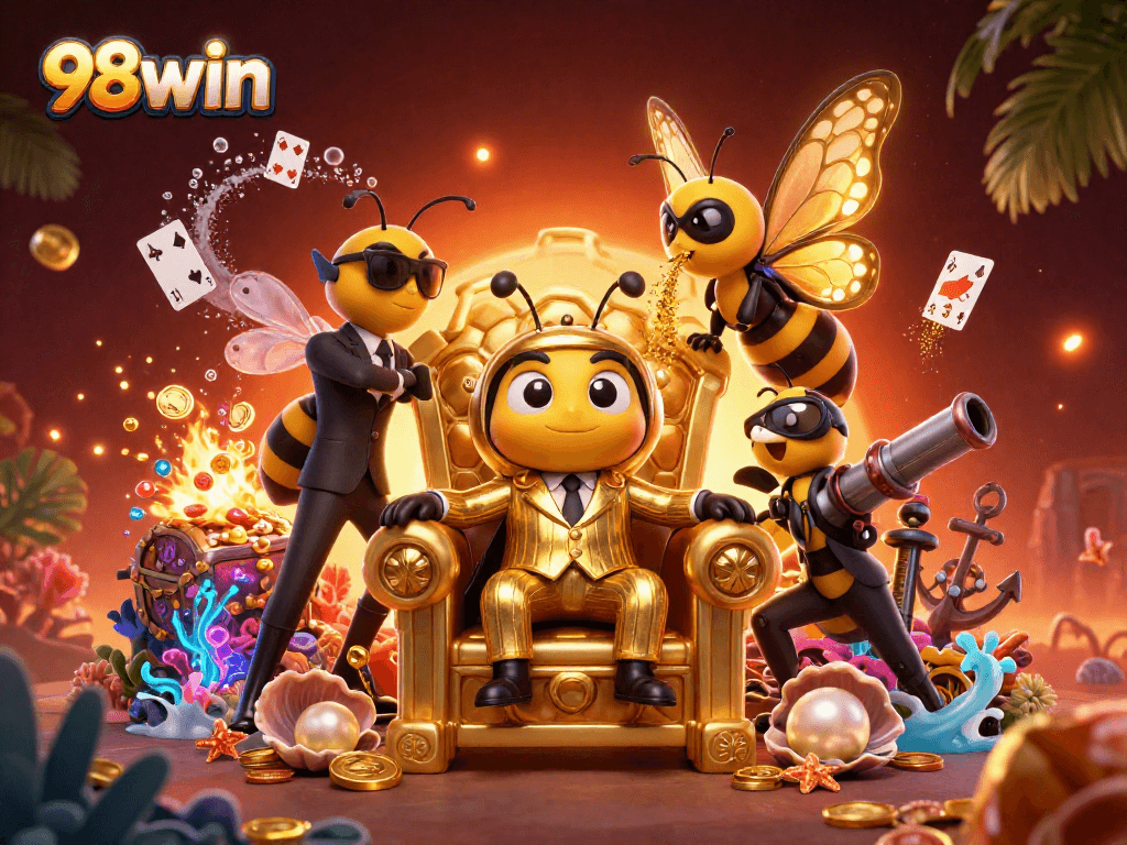 Experience thrilling adventures at 98win with a bumblebee mob boss in an exciting casino scene.