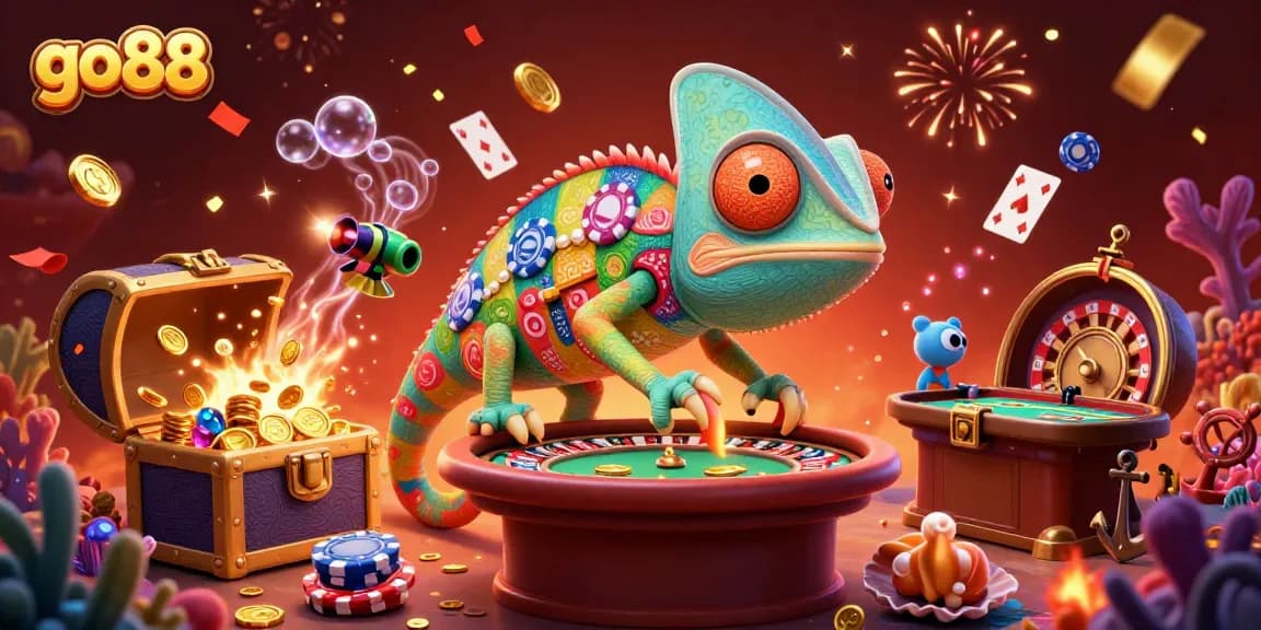 Experience thrilling action at go88 with an eye-catching illustration of a chameleon casino owner.