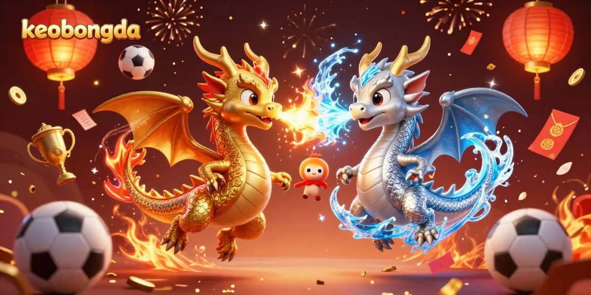 Experience thrilling sports betting insights with keobongda's dynamic illustration featuring fiery and icy dragons.