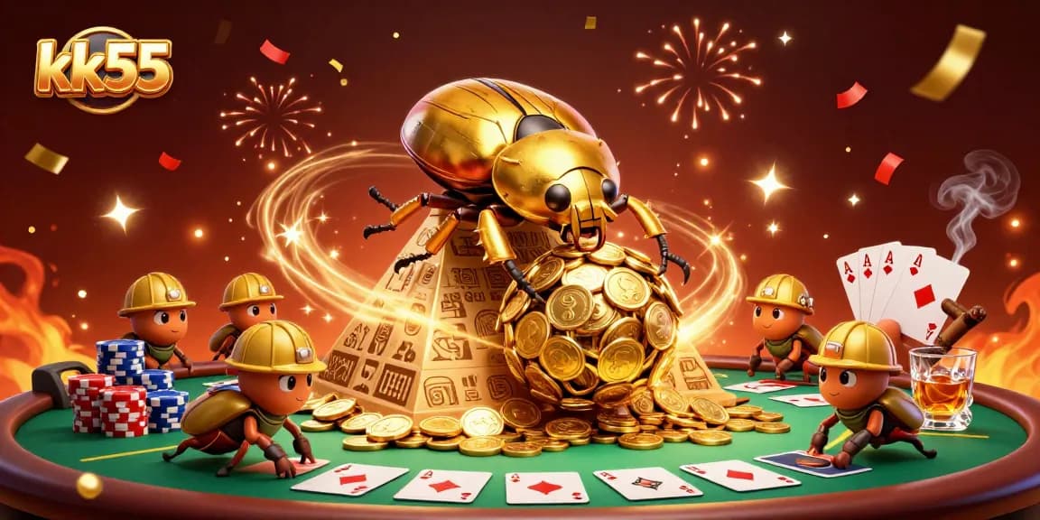 Experience epic gameplay at kk55 with golden beetle rolling coins and vibrant casino elements.