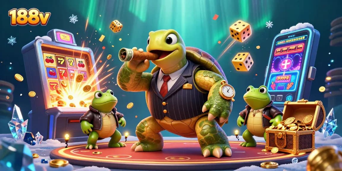 Experience the exciting world of 188v with a massive slot machine bursting with jackpot coins and lively casino characters.