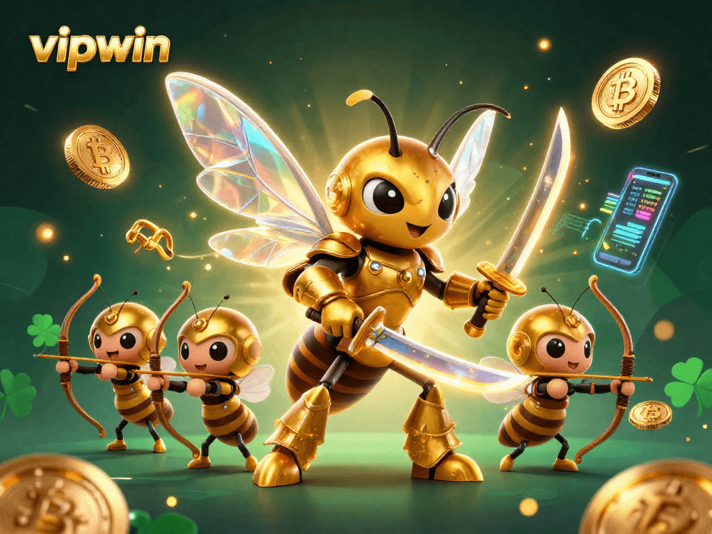 Engage with vipwin through an exciting dynamic scene featuring a cartoon giant hornet and crypto elements.