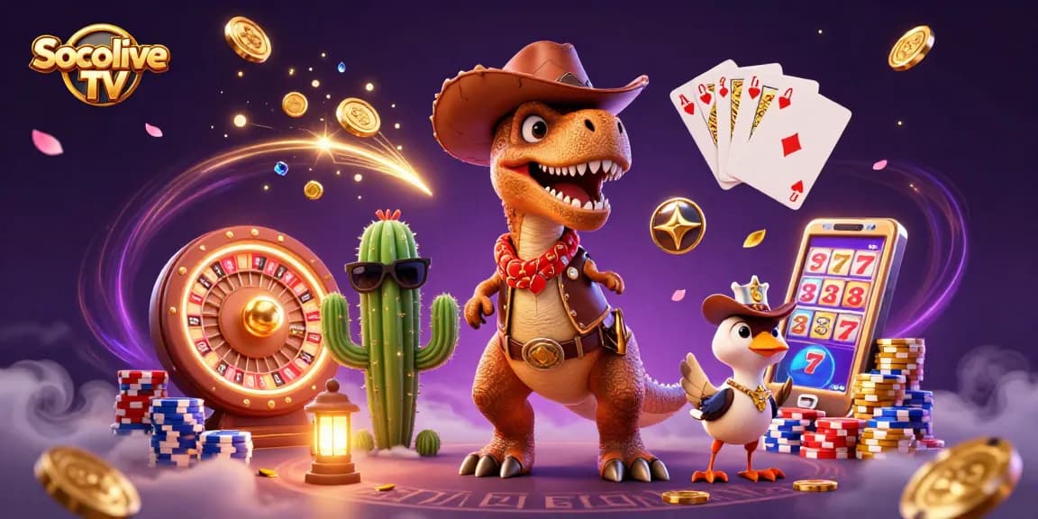 Socolive TV showcases dynamic cartoon characters celebrating winning spins with colorful casino elements.