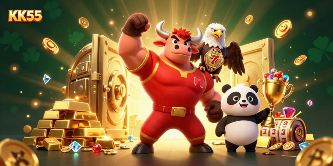 Win at KK55 with a victory scene featuring a bull mascot, eagle, and panda amidst golden treasures and dynamic gaming elements.