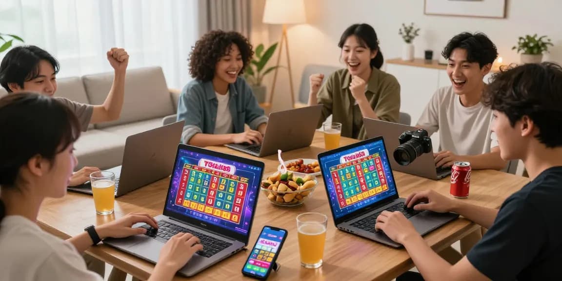 Players enjoying Togel88 Online gaming, celebrating wins in a lively home environment.