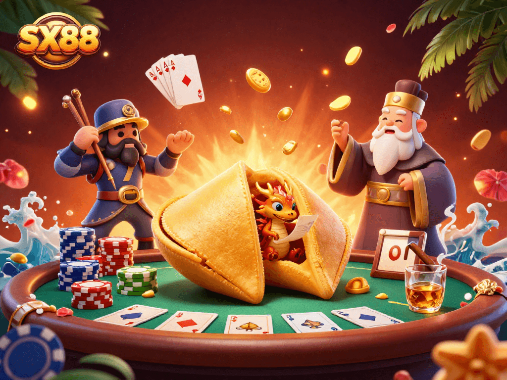 SX88 brings excitement as a wise dragon reads fortunes from a giant fortune cookie amid dynamic poker action.