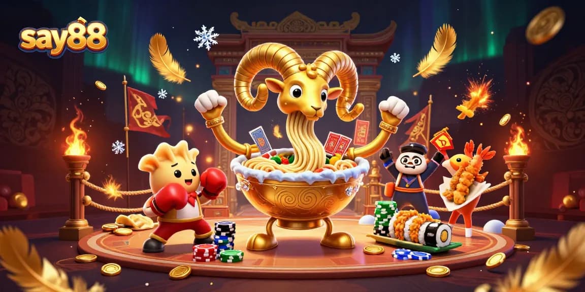 Engage with say88, the vibrant world of gambling featuring a golden ramen bowl dealer amidst festive casino elements.