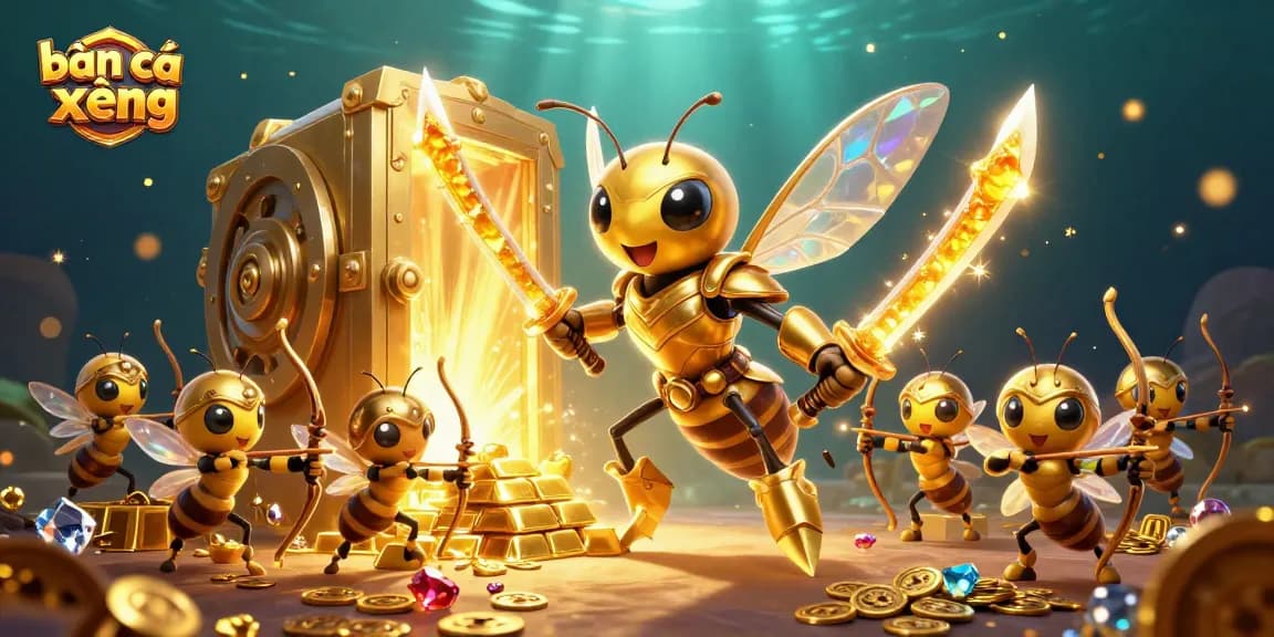 Engage in bắn cá xèng with this vibrant 3D illustration showcasing a hornet samurai among treasures.