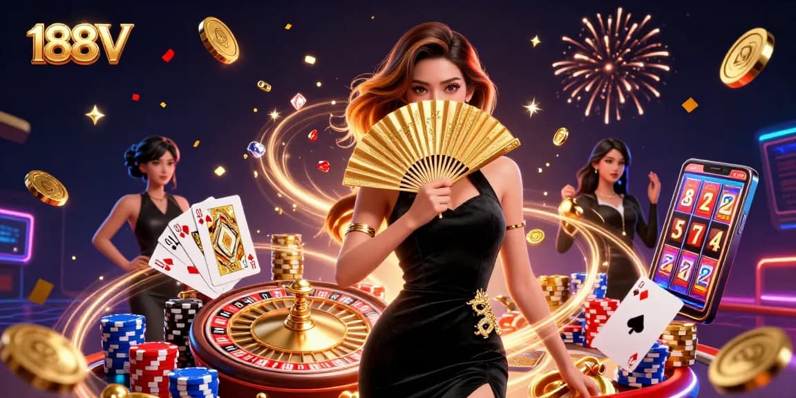 Experience the thrill of winning with 188V's stunning casino illustration featuring spinning slots and vibrant action.