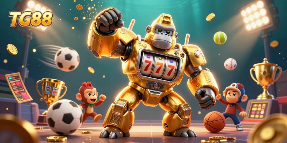 Experience the thrill of gaming at TG88 with a golden gorilla mech and dynamic sports elements.