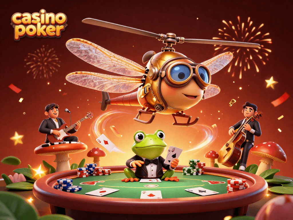 Experience casino poker action with playful characters in a vibrant, festive scene.