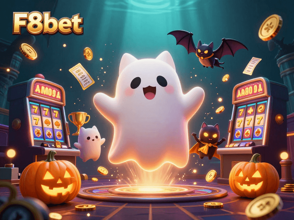 Play exciting games at F8bet, featuring a cartoon ghost cat in a haunted casino.
