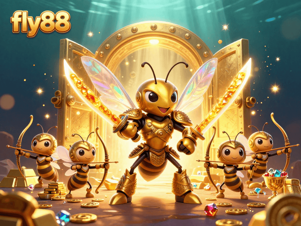 Experience thrilling wins at fly88 with 3D illustrations of golden hornet warriors in a dazzling casino scene.