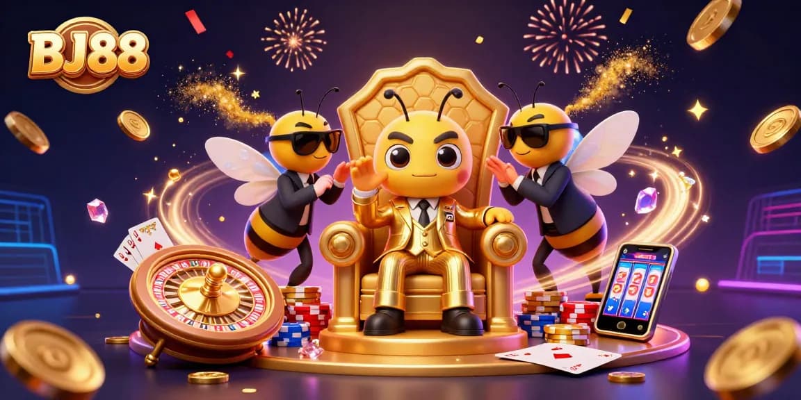 BJ88 showcases an exciting scene with a bumblebee mob boss amid gaming action and golden winnings.