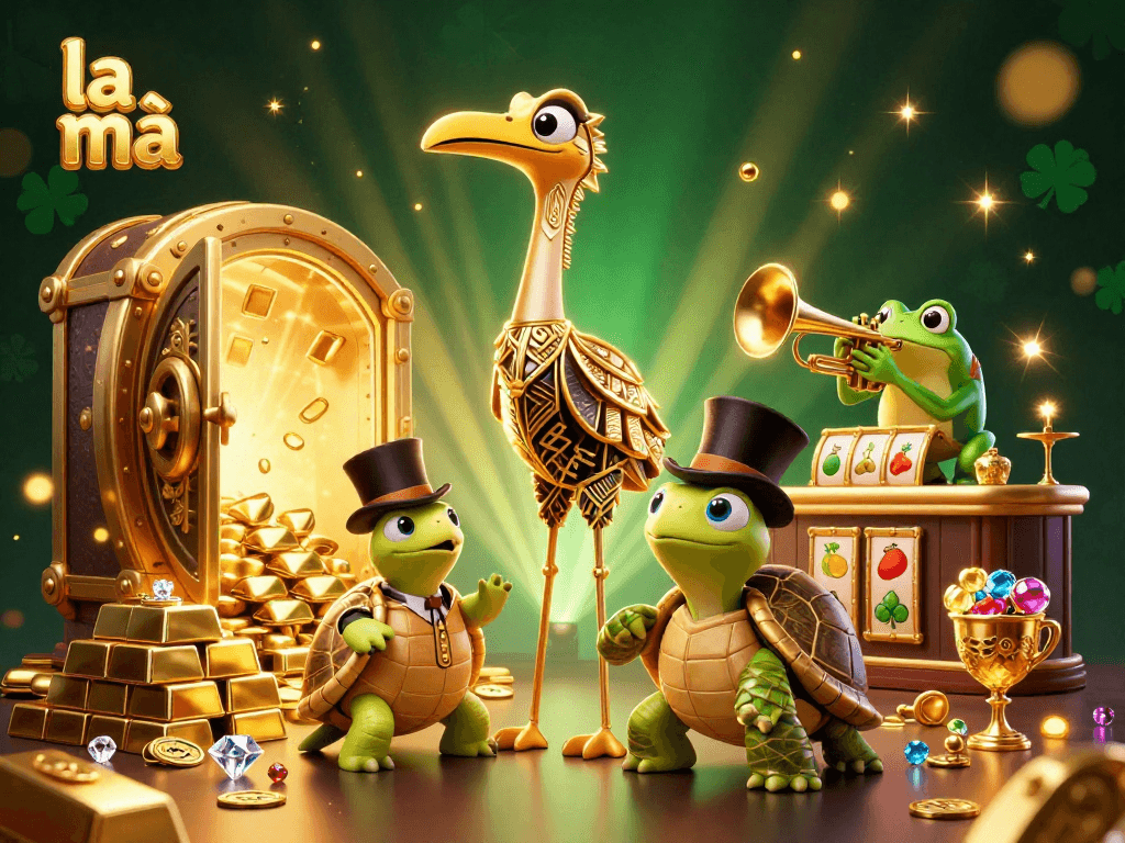 Engage with la mã through a vibrant 3D casino scene filled with gold treasures and fun characters.
