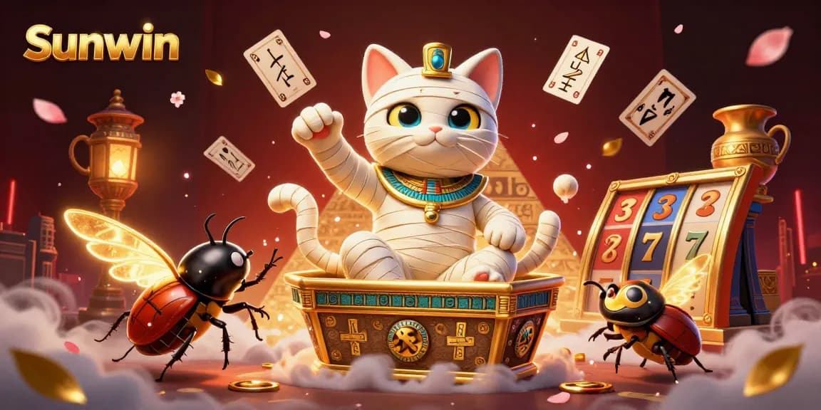 Experience the thrilling excitement of Sunwin with a vibrant 3D scene showcasing an Egyptian mummy cat, adding energy to your game play.
