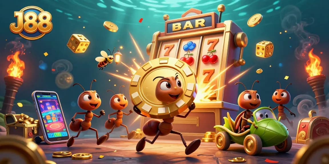 Experience the excitement of J88 as ants steal a giant poker chip in an immersive 3D casino illustration.