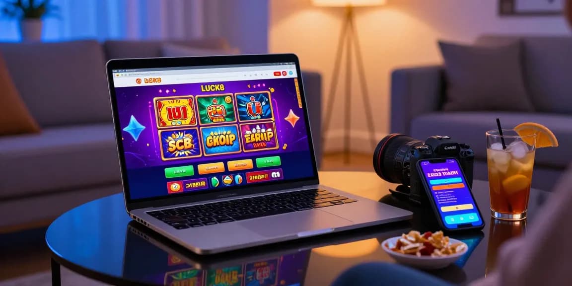 Dynamic LUCK8 online casino scene with user engaging on laptop and colorful gaming graphics.