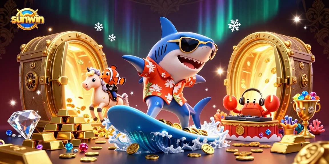 Win big with sunwin in a vibrant 3D casino scene featuring a playful shark and treasure.