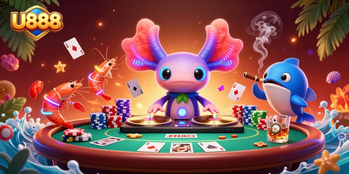 Engage in thrilling gameplay at U888 with vibrant axolotl DJ and energetic casino elements.