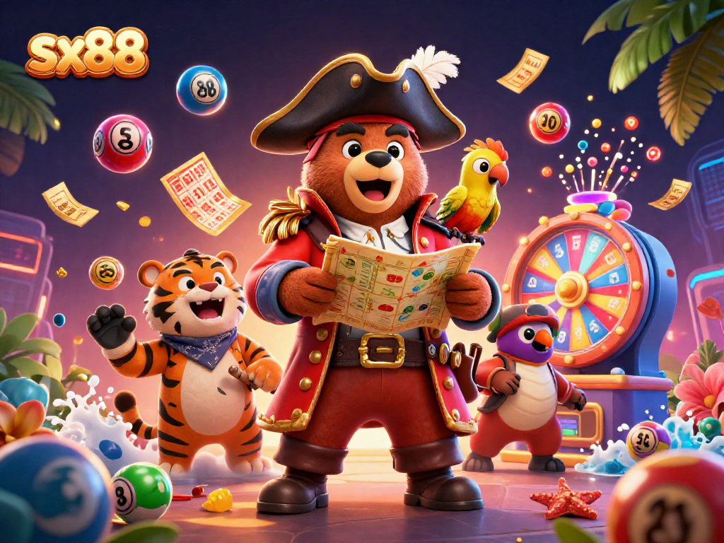 Spark excitement at sx88 with a 3D pirate captain bear and friends amidst vibrant casino elements.