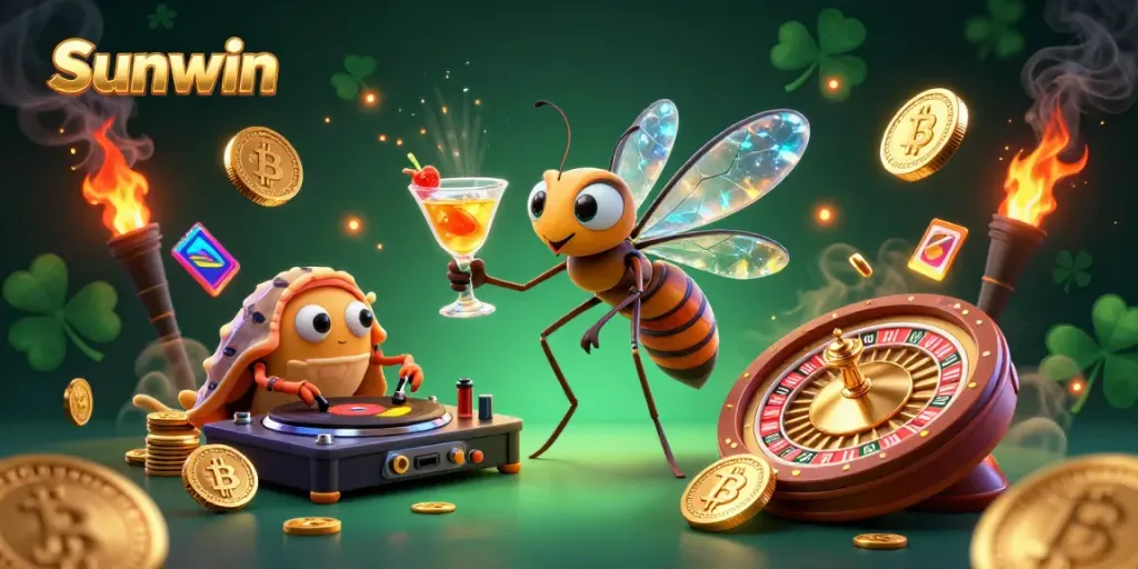 Engage with Sunwin's vibrant gaming universe, a lively casino scene featuring unique characters and elements.